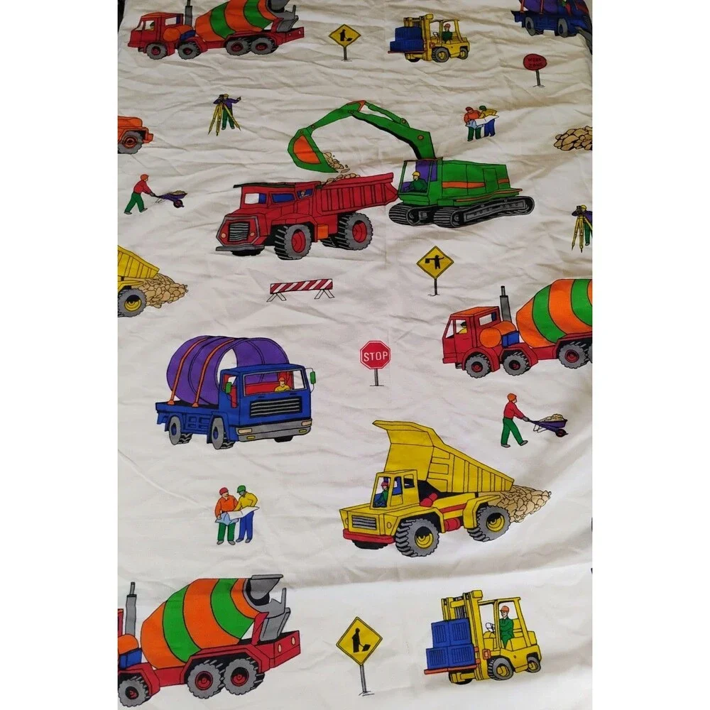 Vtg 90s  Construction Work Vehicles Trucks Digger Twin Flat Sheet Only